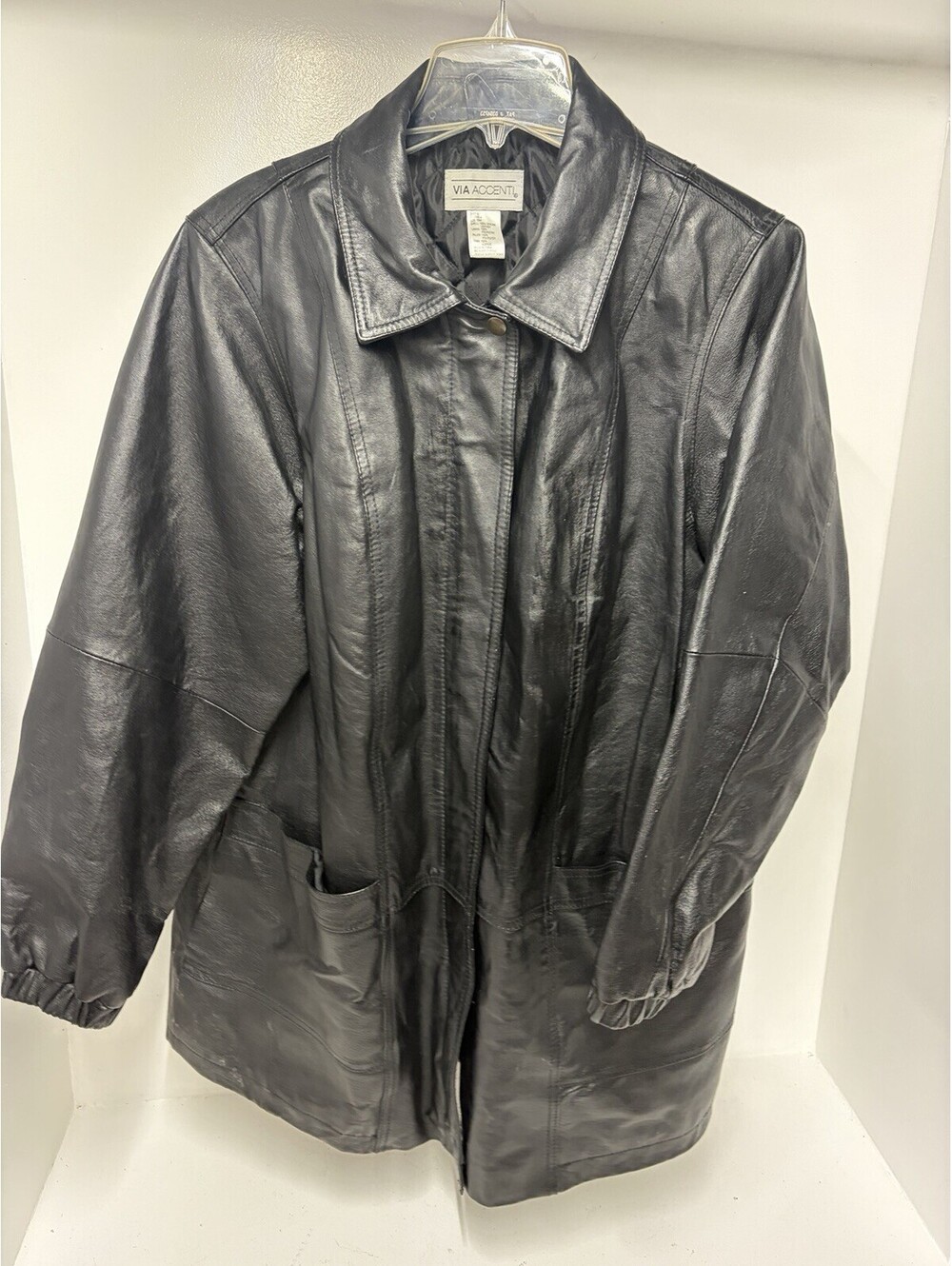 Vintage Via Accenti, Black Leather Mid-Length Zipper Jacket, Women’s Size 18W